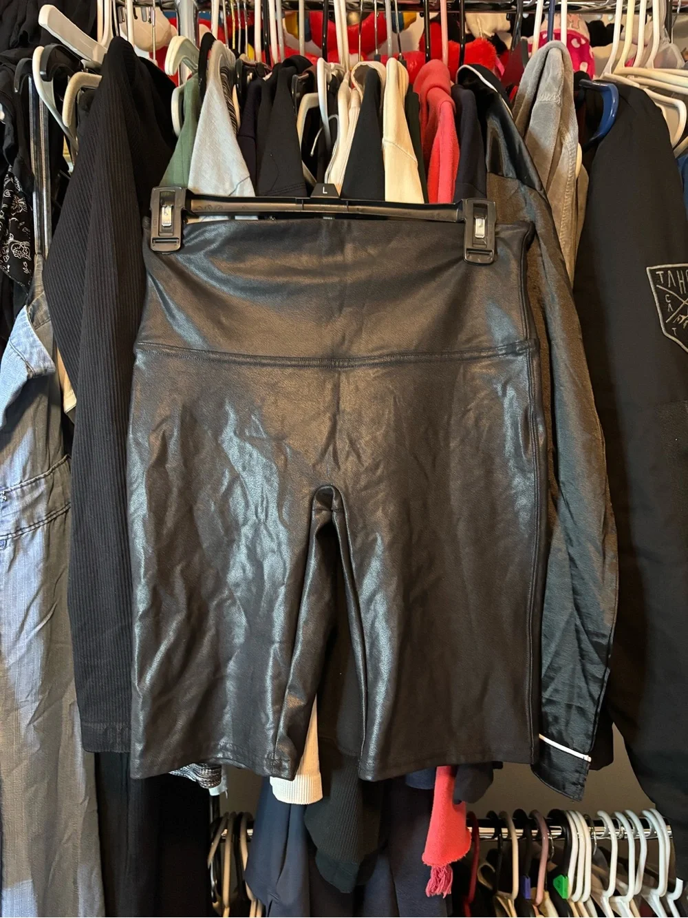 SPANX Faux Leather High Waist Bike Shorts Black Metallic Shine size L